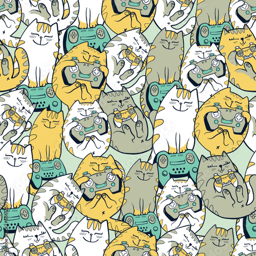 Gamer cats seamless pattern. Cartoon cat character with gamepad. Cats with gamepads.