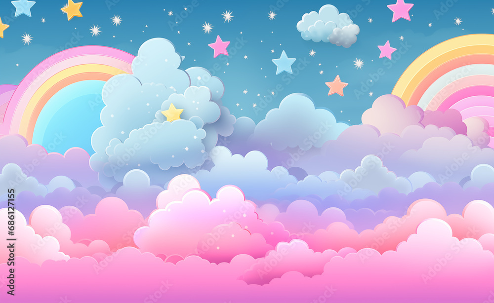 Kawaii Fantasy Pastel Colorful Sky with Clouds and Stars Background in a paper cut and paste style. Kawaii Fantasy Pastel Colorful Sky with Clouds and Stars Background in a paper cut and paste style.