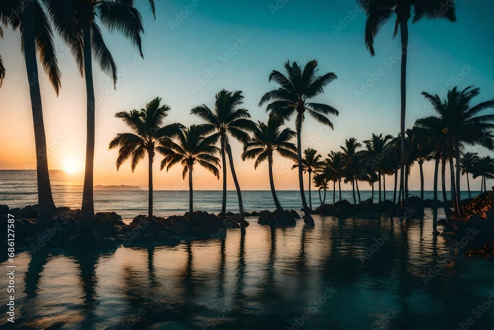 palm trees and ocean around evening time