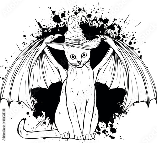 Witch cat linear in black and white