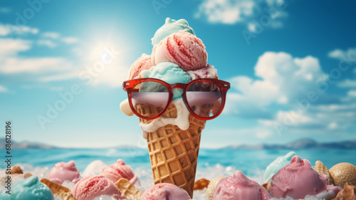 ice-cream wearing sun glasses, isolated background, summer generative ai photo