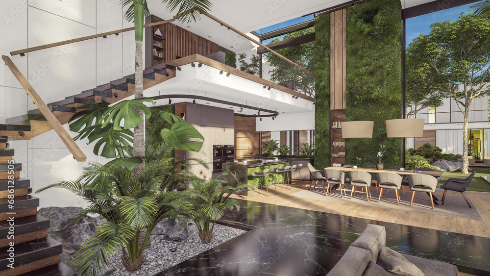 Fototapeta premium 3d rendering of expensive cozy interior with green walls with living dining zone stair and kitchen for sale or rent. Spacious apartments with expensive furniture, equipment and flowers