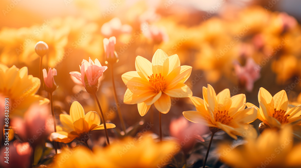 Blossoming flowers with yellow sun in the background.