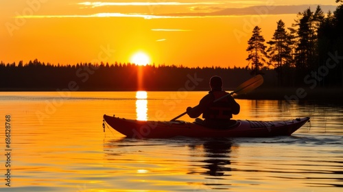 Tourist sails kayak along calm lake at gentle sunrise light. Sportsman enjoys solitude kayaking with paddles on tranquil river. Traveler discovers wild nature on small vessel during inspiring vacation