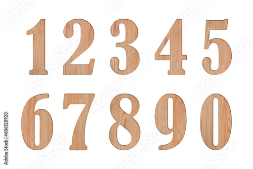 Set of number 0 through 9 in shape from wood isolated on transparent background, PNG File