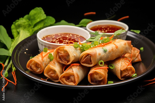 Crispy asian chicken spring rolls on plate with sauce