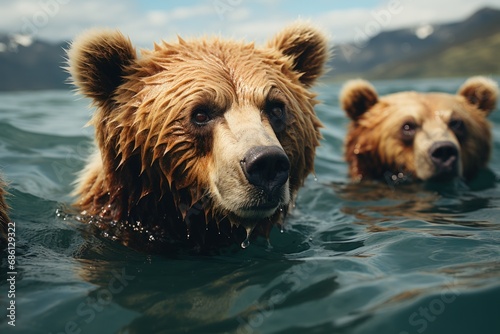 a close up of two bears swimming in a body of water with mountains in the background on a cloudy day.