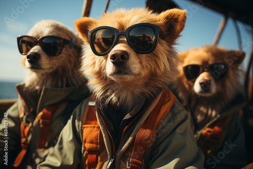  a group of dogs wearing sunglasses sitting on top of a boat next to each other in front of a body of water.