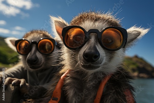  a close up of two small animals wearing goggles on a boat with a body of water in the background.