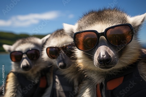  a group of raccoons wearing sunglasses on top of a body of water with a blue sky in the background. © Shanti