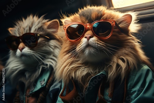  a close up of a cat wearing sunglasses and a cat in the back seat of a car with another cat in the background.