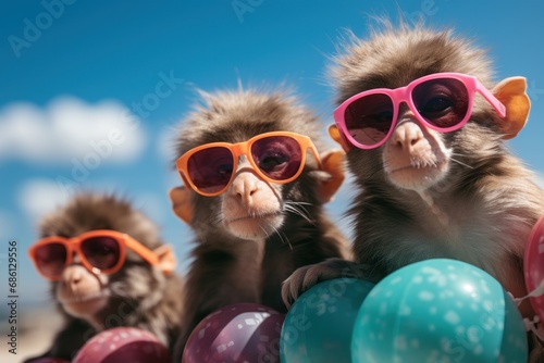  a group of monkeys sitting next to each other on top of a pile of balloons and wearing pink and orange sunglasses.