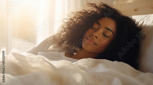 Pretty African-American woman sleeps calmly under blanket on soft bed at home closeup. Happy black lady dreams resting on pillows in bedroom. Asleep young woman lies on couch at morning sunlight