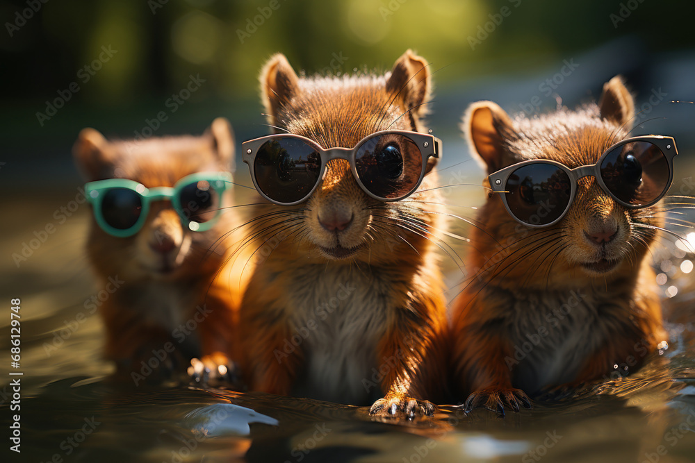  three little chipmuns wearing sunglasses in the water with a reflection of them in them's reflection glasses.