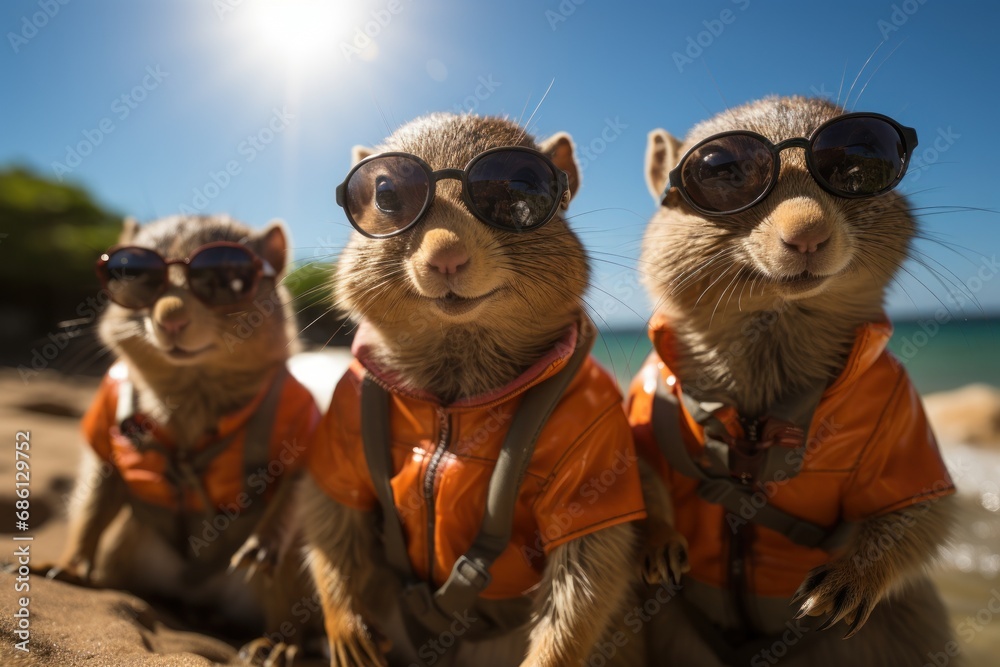  a couple of small animals wearing sunglasses on top of a sandy beach next to the ocean with a bright blue sky in the background.