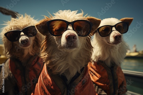  a group of three dogs wearing sunglasses on top of a boat in a body of water with a boat in the background.