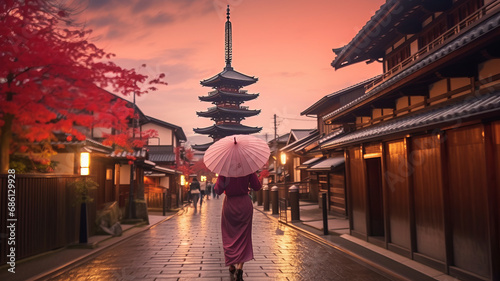 Asian woman in kimono with umbrella in Kyoto.