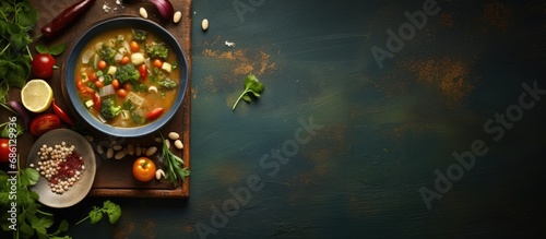 Top-down horizontal view of table with mungbean and vegetable soup.