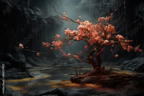  a painting of a tree in the middle of a rocky area with a light coming from the sky behind it.