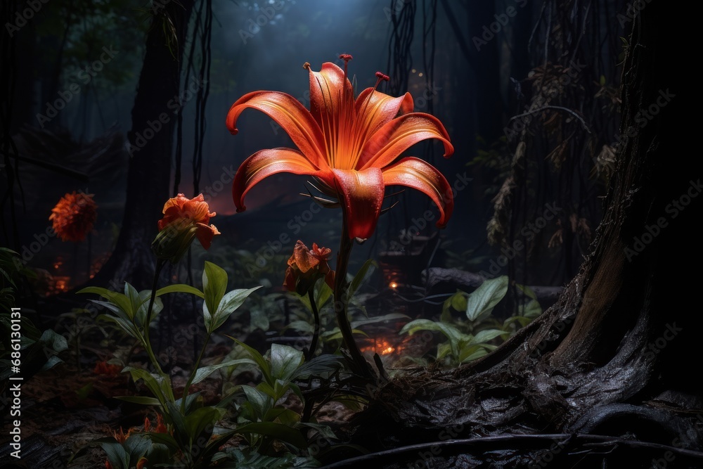  a close up of a flower in the middle of a forest with a bright light coming from the center of the flower.