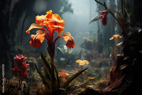  a close up of a flower in the middle of a forest with other plants and flowers in the foreground. © Shanti