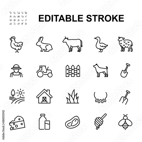 Set of Farm Icon Illustrations In Line Style.