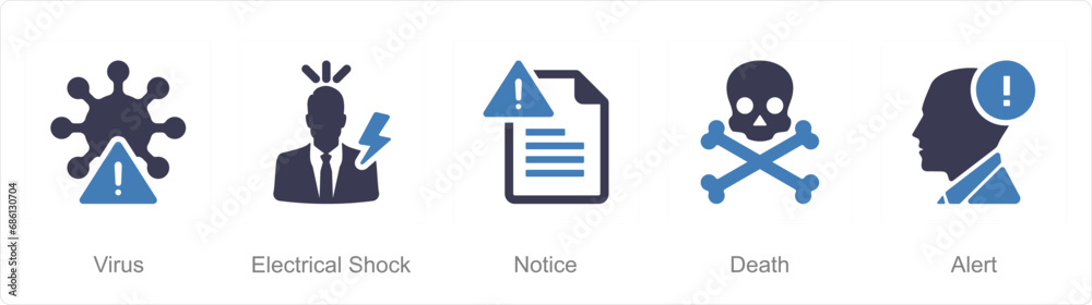 A set of 5 Hazard Danger icons as virus, electrical shock, notice