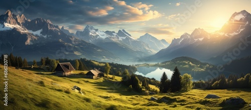 Stunning photo of Bavaria  featuring Maria Gern church  Hochkalter peak  and beautiful Alpine sunrise. Magnificent German countryside landscape.