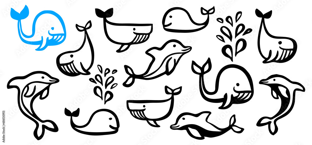 Cute cartoon set of whales and dolphins hand painted with ink brush stroke. Png clipart isolated on transparent background Cute cartoon set of whales and dolphins hand painted with ink brush stroke. Png clipart isolated on transparent background