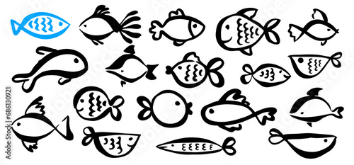 Set of cute cartoon fish hand painted with ink brush stroke. Png clipart isolated on transparent background