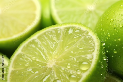  a close up shot of limes with water droplets on the top of the limes and on the bottom of the limes.