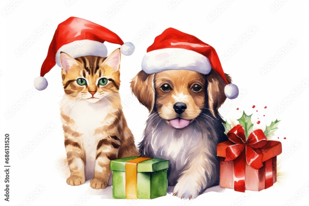  a cat and a dog sitting next to each other with a christmas present in front of them on a white background.