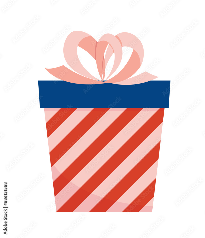 Obraz premium Striped present box with pink bow. Christmas red pink gift. Flat, cartoon, vector