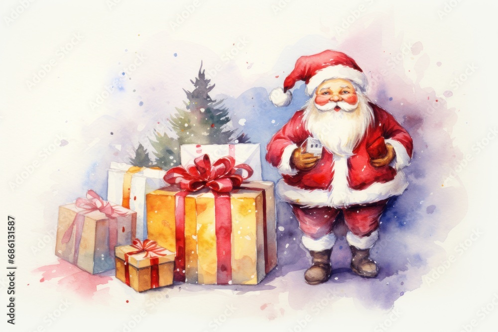  a watercolor painting of a santa clause next to a christmas tree with presents in front of it and a christmas tree in the background.