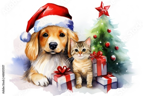  a dog and a cat sitting next to each other in front of a christmas tree and a small christmas tree. © Shanti