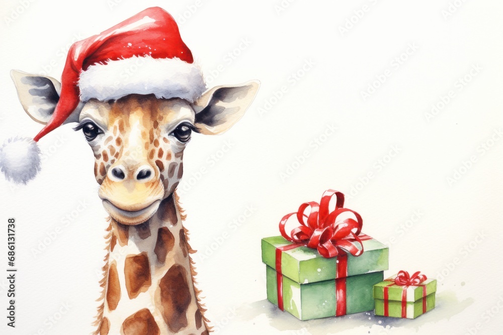 a painting of a giraffe wearing a santa hat next to a green gift box with a red ribbon. a painting of a giraffe wearing a santa hat next to a green gift box with a red ribbon.