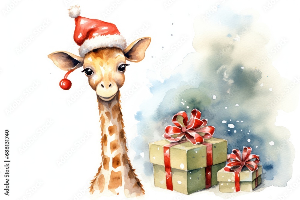 a watercolor painting of a giraffe wearing a santa hat next to a gift box with a red ribbon. a watercolor painting of a giraffe wearing a santa hat next to a gift box with a red ribbon.