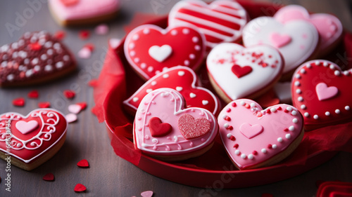 Delicious heart-shaped cookies for Valentine's Day on wooden background generativa IA