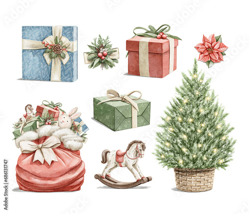 Watercolor vintage set with three boxes of gift presents, Christmas tree and bag with toys isolated on white background. Hand drawn illustration sketch