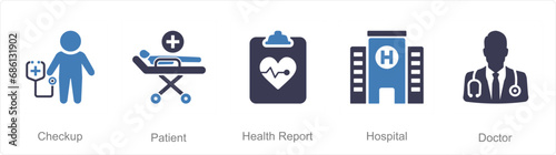 A set of 5 Health Checkup icons as checkup, patient, health report