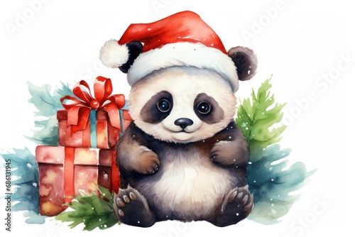  a watercolor painting of a panda bear with a santa hat next to a pile of presents and a christmas tree.