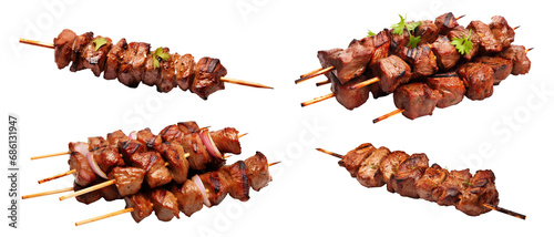 Set of delicious grilled kebabs on skewers, cut out photo