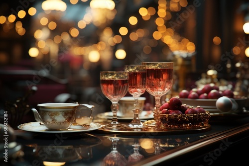  a couple of glasses of wine sitting on top of a table next to a plate with fruit on top of it.