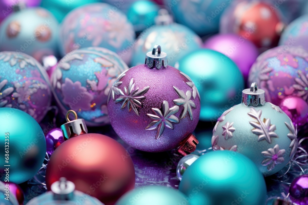 a pile of christmas ornaments sitting on top of a purple and blue table cloth covered in blue, purple, and red ornaments. a pile of christmas ornaments sitting on top of a purple and blue table cloth covered in blue, purple, and red ornaments.