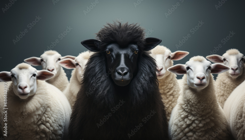 Fototapeta premium One black sheep standing away from a group of white sheep generative ai