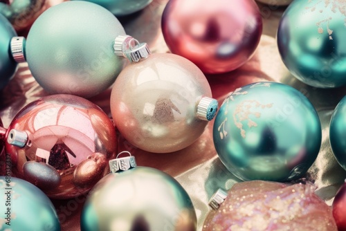  a close up of a bunch of different colored christmas ornament ornament balls on a shiny surface.