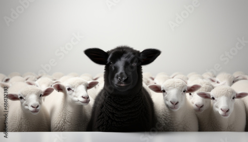 One black sheep standing away from a group of white sheep generative ai