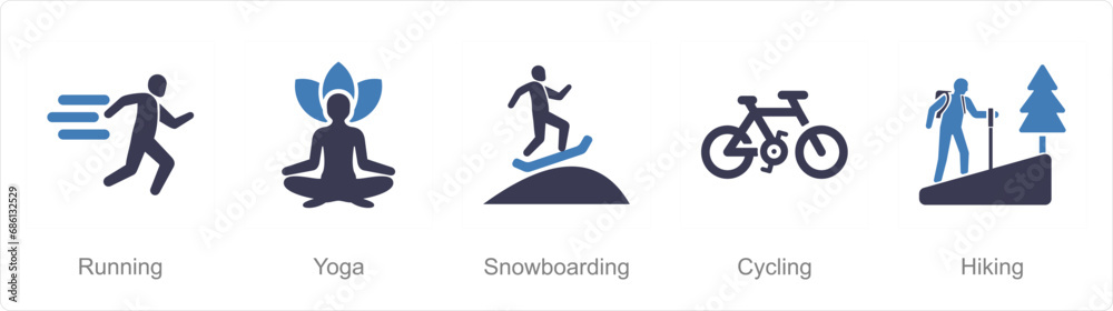 A set of 5 Hobby icons as running, yoga, snowboarding A set of 5 Hobby icons as running, yoga, snowboarding