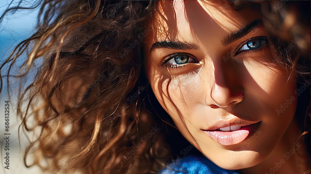 Fototapeta premium Naturalistic portrait of a young brunette girl sunlit close-up. The concept of natural female beauty. Illustration for cover, card, postcard, interior design, banner, poster, brochure or presentation.