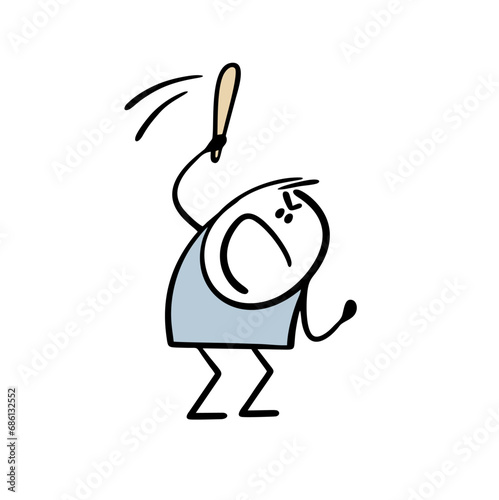 Aggressive man swings and hits with big stick, bat or club. Vector illustration of violent fight, evil stickman. Ugly guy swears and yells in anger.